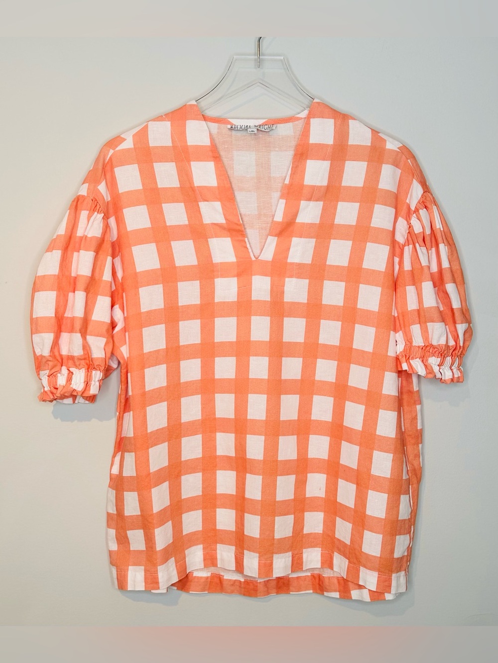 Brooke Wright Orange White Gingham V-Neck Puff Sleeve Tunic Blouse Shirt Top